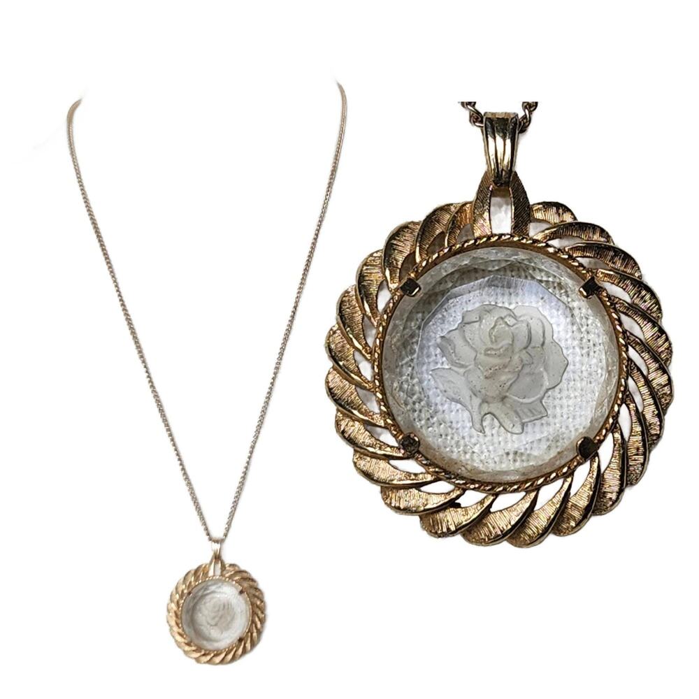 Vintage Reverse Intaglio Rose Pendant Necklace